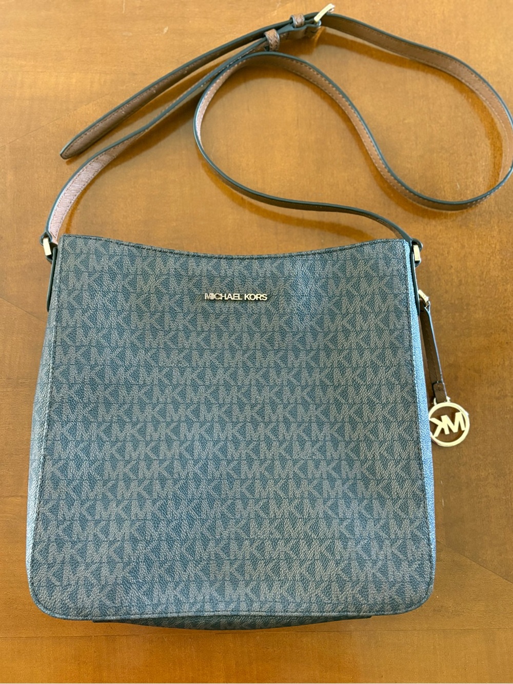Michael Kors Brown Logo Crossbody with Gold MK Charm